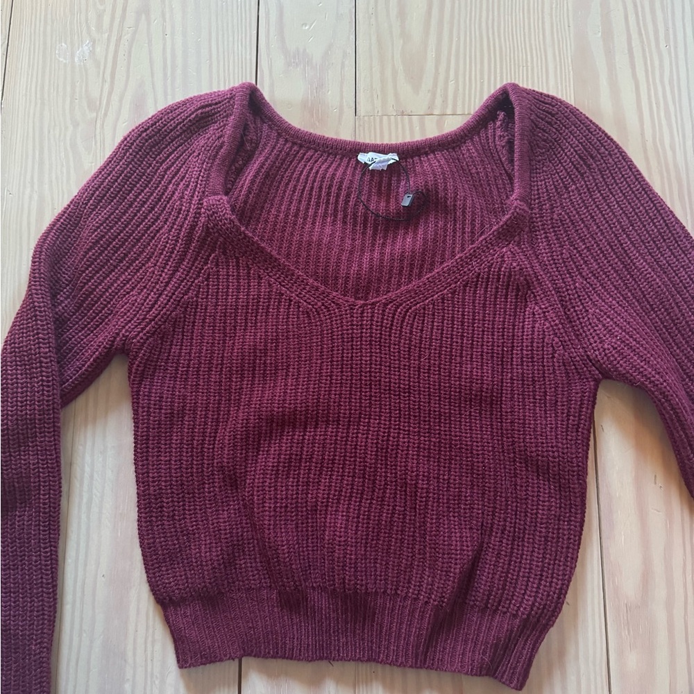 Garage Red V-Neck Sweater with Ribbed Knit
